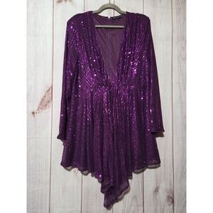 Double Crazy Purple‎ Sequin Deep V-Neck Long Sleeve Mini Dress Womens 2XL Sexy
